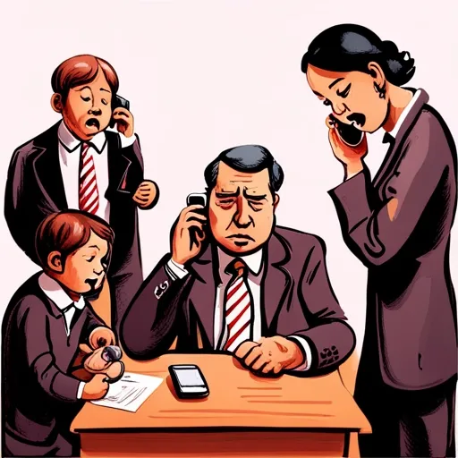Illustrate an allegorical scene depicting a busy family of the businessman promoter, consisting of the mother, father, children, and sisters, all simultaneously answering constant phone calls. Each family member holds a phone that keeps ringing incessantly. They are manually selling tickets, taking customer details, and selecting seats. Capture their exhausted expressions and depict them as visibly tired.